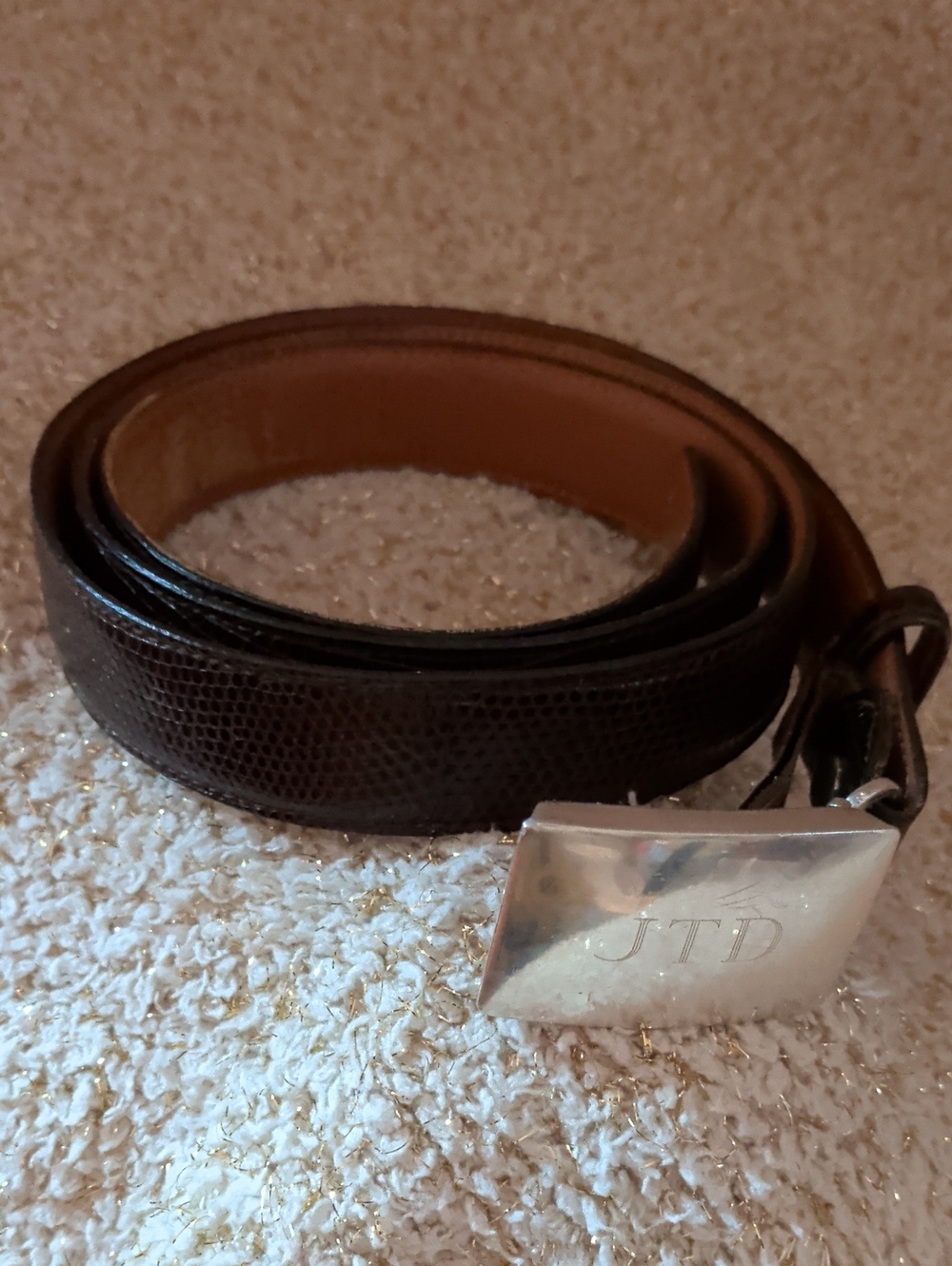 VTG Trafalgar Solid Sterling Silver JTD Monogram Buckle Dk Brn Java Lizard Belt